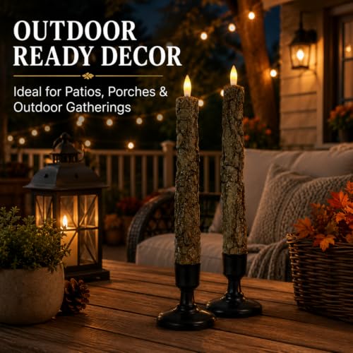 Image of Tree Bark Flameless LED Taper Candles, 10 Inch Flickering Wax Candles with Remote & Timer, Battery Operated Dripless Tapered Candle for Home Wedding Decor, 2Pack
