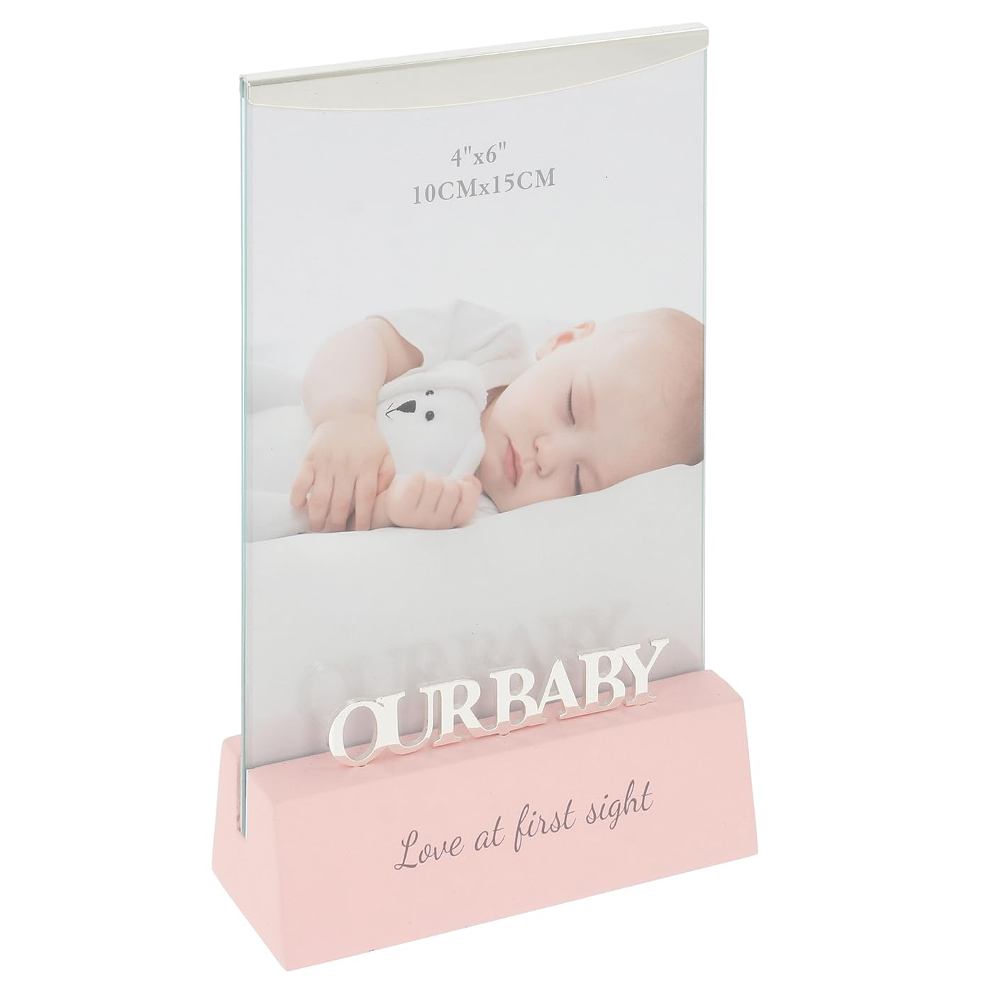 Shudehill Giftware Our Baby Girl Photo Frame – Silver-Plated 4x6 Keepsake with Pink “Love at First Sight” Base (Silver Memories Our Baby Girl, 4X6)