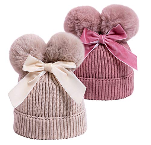 YATEEN Infant Toddler Baby Knitting Woolen Hat Winter Warm Double Pompom Beanie Cap with Bow