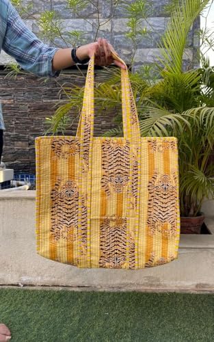 Image of YILLE Cotton Quilted Floral & Tiger Print Tote Bag, 18 x 18 inches For Grocery Shopping, Travel