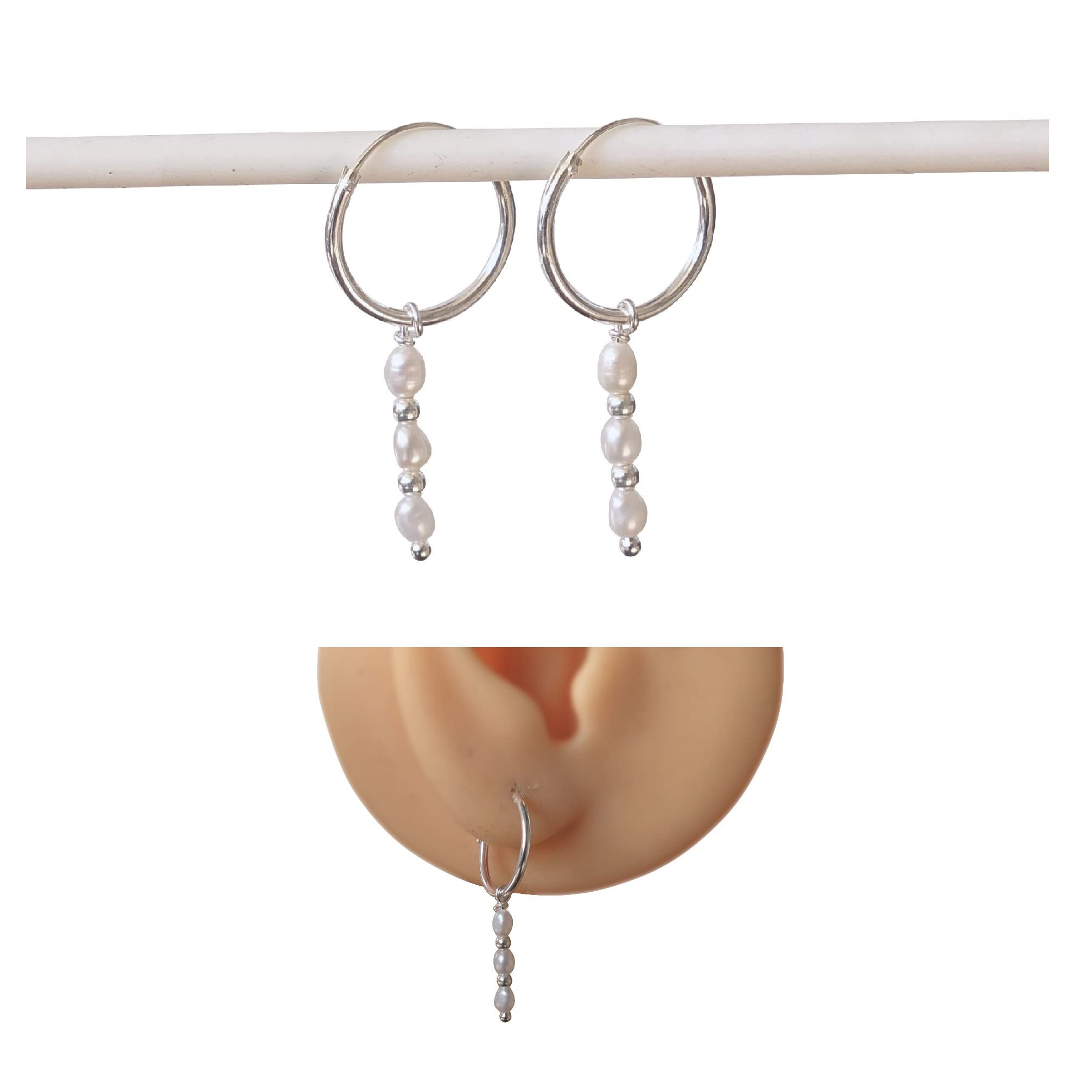 Handmade925 Sterling Silver Natural Fresh Water Pearls 14mm Hoop Earrings - Dainty Small Elegant Hoops | Handmade by MiYa Jewelry Creations