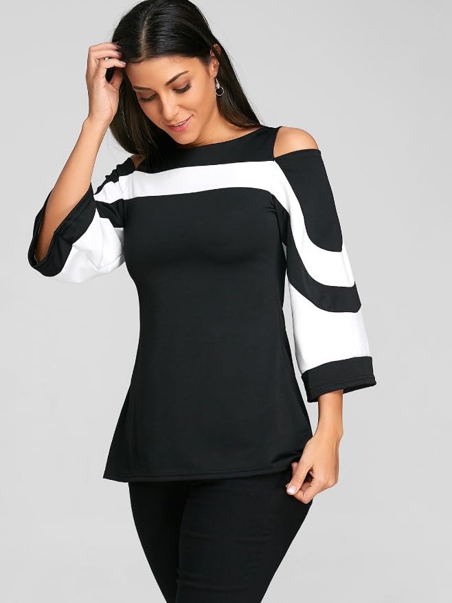 Image of Women Blouses and Tops Black White Colorblock Bell Sleeve Cold Shoulder Top Shirt