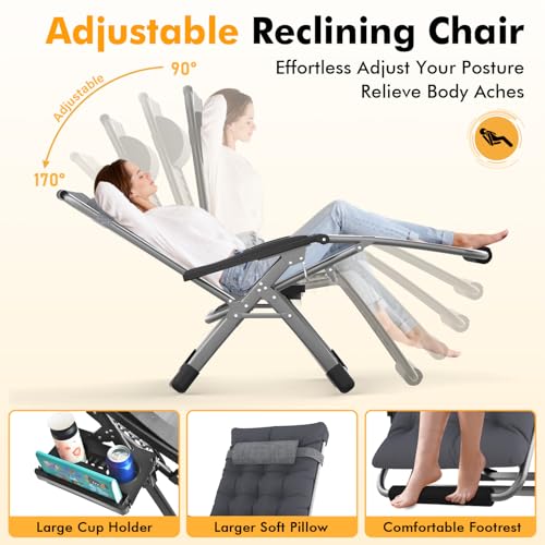 Image of Slendor Oversized Zero Gravity Chairs XL, 29in Recliner Chair, Dark Grey | Reclining Lounge Chair, Folding Anti Gravity Chairs w /Aluminum Alloy Lock, Removable Cushion&Headrest, 440lbs, for Lawn Patio