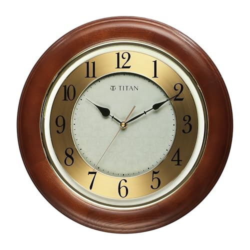 Image of Titan Grandeur Classic Wooden Wall Clock with Textured Dial & Gold Indices Ring, Silent Sweep, Model W0097WA01 | 39 cm x 39 cm x 4 cm