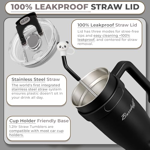 Image of Insulated Tumbler with Straw Lid and Handle (1200 ML) Double Wall Sipper Water Bottle for Adults, Tumbler Bottle with Straw (Black, 1200 ML, with Panda Straw Coverr)