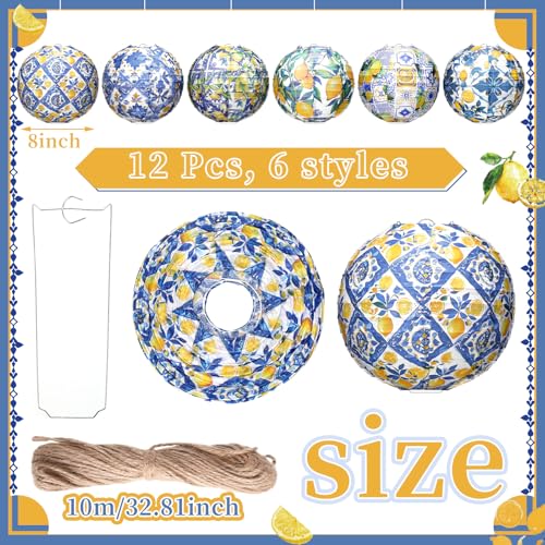 Rossesay 12 Pcs Capri Lemon Paper Lantern 8 Inch Blue Yellow Lemon Hanging Lantern Indoor Outdoor Lemon Birthday Party Decorations Decorative Round Lanterns for Tea Wedding Baby Shower Party Supplies