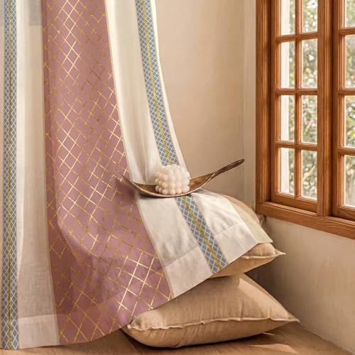 Image of Urban Space 100% Cotton Curtains with Gold Foil Print | Upto 60% Light Blocking Window Curtain 5 feet I Set of 2 Decorative Curtains with Eyelets and Tieback (Zari Jaal Dusty Pink Gold - 5 feet)