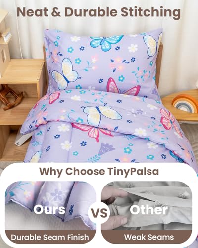 Image of TinyPalsa 4-Piece Toddler Bedding Set, Toddler Bed Comforter Set for Girls | Includes Comforter, Fitted Sheet, Flat Sheet & Pillowcase, Purple Butterfly
