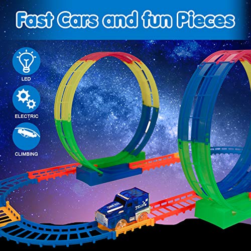BeebeeRun Kids Race Car Track Sets, Flexible Train Tracks for Toddlers with LED Toy Car, Glow in The Dark Race Track Vehicle Playset for Boys and Girls - Thumbnail 2