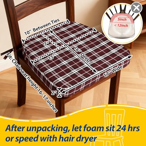 Image of AAAAAcessories D-Shaped Chair Cushions, 2 inch Thick Dining Chair Pads with Ties and Removable, Machine-Washable Cover, 17 inch x 16 inch, Set of 2, Red Checkered