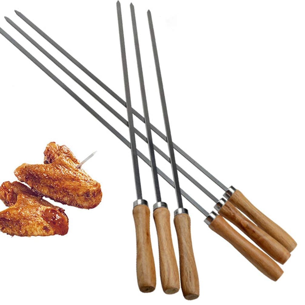6 pezzi Manico in legno Spiedino per barbecue Spiedini per Kabob in acciaio inossidabile Bastoncini piatti in metallo Spiedini per grigliate Forchetta per arrostire per falò per la casa all'aperto