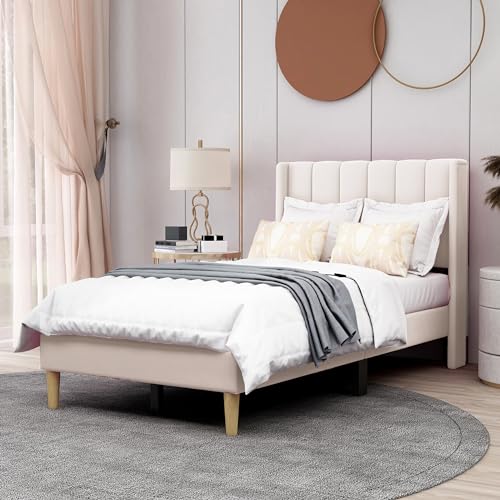 Image of AGARTT Upholstered Platform Bed Frame Twin Size, Beige Velvet
