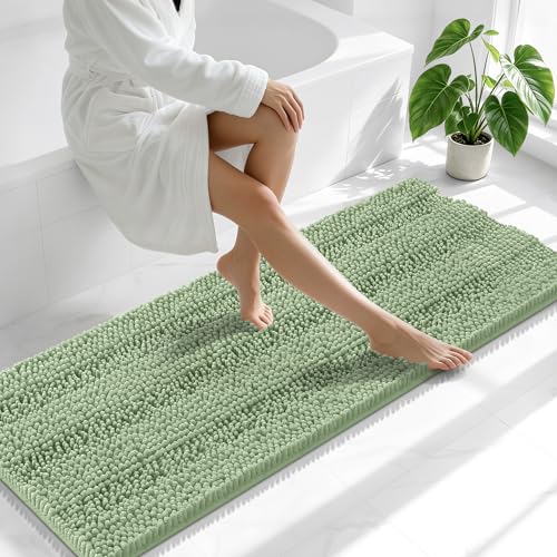Image of Smiry Thick Chenille Bathroom Runner Rugs 59x20, Absorbent Striped Bath Mat, Machine Washable, Rubber Backing, Extra Long Bath Rugs for Tub & Shower, Modern Home Decor Accessories, Sage Green