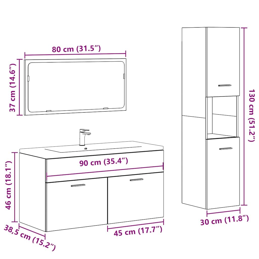 Juego de muebles de baño de 3 piezas, roble Artisan, 90 cm, armario bajo lavabo con espejo y armario alto, espacio de almacenamiento, moderno y resistente, para baños pequeños