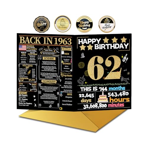 Joycard 62nd Birthday Card with Envelope, 62nd Birthday Decorations for Women Men, 62nd Birthday Gifts for Mother Dad, Happy Birthday Cards for 62 Year Old Wife Husband, Back in 1963 Joycard 62nd Birthday Card with Envelope, 62nd Birthday Decorations for Women Men, 62nd Birthday Gifts for Mother Dad, Happy Birthday Cards for 62 Year Old Wife Husband, Back in 1963