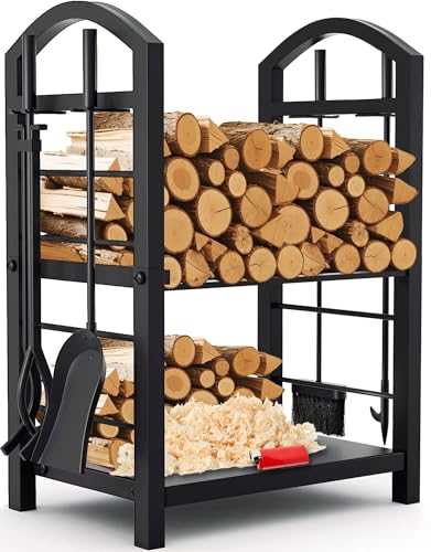 AMAGABELI GARDEN & HOME Firewood Rack Indoor with Tools 5-Piece Fireplace Tools Set Wood Holder...