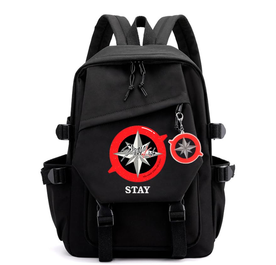 SOSAYI Stray Negro Mochila con Llavero, SKZ Backpack Escolar Adolescente, Mochilas de Gran Capacidad, Mochila Unisex, STAY Kpop Merch Regalos