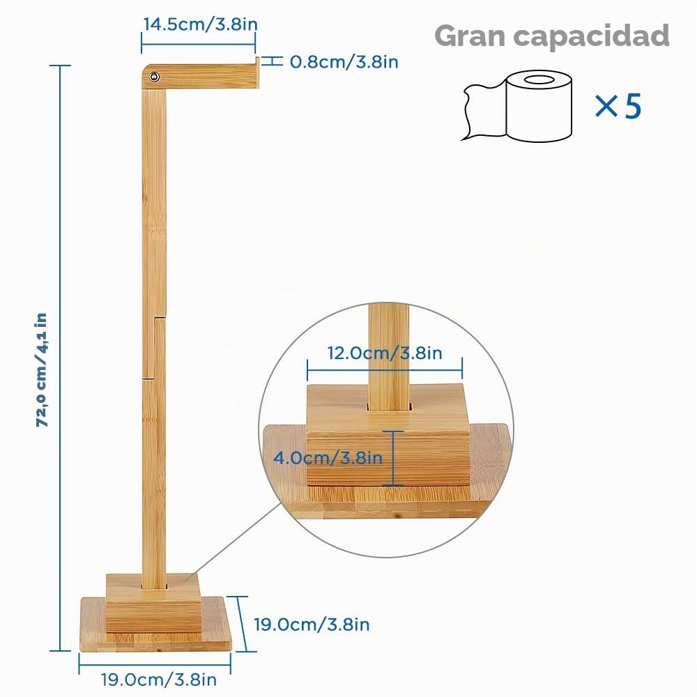 Soporte de papel higiénico independiente de bambú Soporte de rollo de almacenamiento Ideal para 5 rollos de papel higiénico Soporte y organizador 2 en 1 Ahorro de espacio Sin taladrar 72 cm | Soporte de rollo de almacenamiento Ideal de papel higiénico Sop