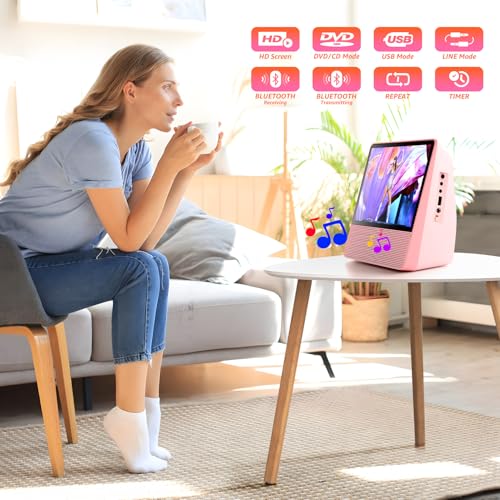 Image of ROADOM 9.8 inch Portable DVD Player with Screen, 7'' HD 1024*600 Digital Screen, 4000 mAh Rechargeable, Hi-Fi Stereo Sound, Remote Control, Sync TV,Resume Playback, DVD /CD /Bluetooth /USB /Line /Timer /Repeat