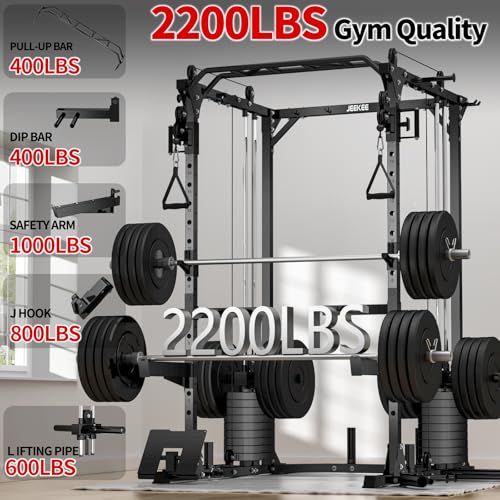 Image of JEEKEE Power Cage with 180LB Weight Stack & Cable Crossover, 2200LB Heavy Duty Power Rack with Dual Pulley System, LAT Pulldown Seat Cushion, 20+ Attachments for Home Gym