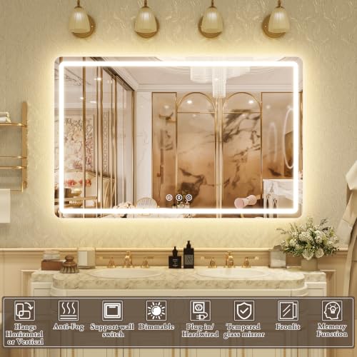 Image of 55 inch x 36 inch Led Bathroom Mirror with Lights, Anti-Fog & Tri-Color Lighting - Wall Mounted Shaving Mirror with Touch Sensor, Waterproof & Smart LED Vanity Mirror,Tempered Glass, Dimmable Smart Mirror