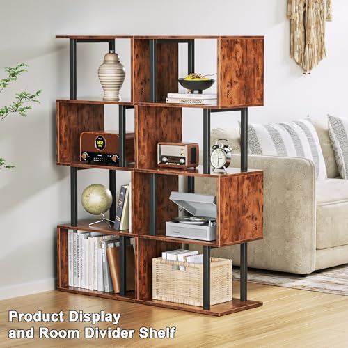 Image of Furologee 5 Tier Bookshelf, S Shaped Geometric Bookcase, Narrow Freestanding Display Shelves, Modern Wood Decorative Storage Rack for Bedroom, Living Room, Home Office, Rustic Brown