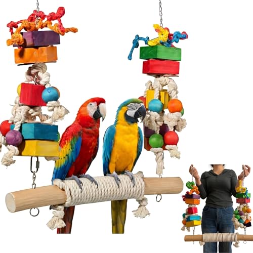 JoyGinBStiao 4lb Heavy Duty Bird Toys for Large Parrots - 21.6 Giant Refillable Parrot Toy Swing for Macaws & Cockatoos Large Natural Wooden Block Chew & Shredding Toy Beak Health