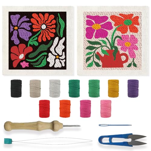 Image of BEUNITONE 2 Sets DIY Punch Needle Kits for Beginners,Bohemian Flower Pre-Printed Pattern,Embroidery Punch Needle Starter Kits for Adults,Includes Pre-Printed Cloth,Yarns,Hoops,Threader and Instruction