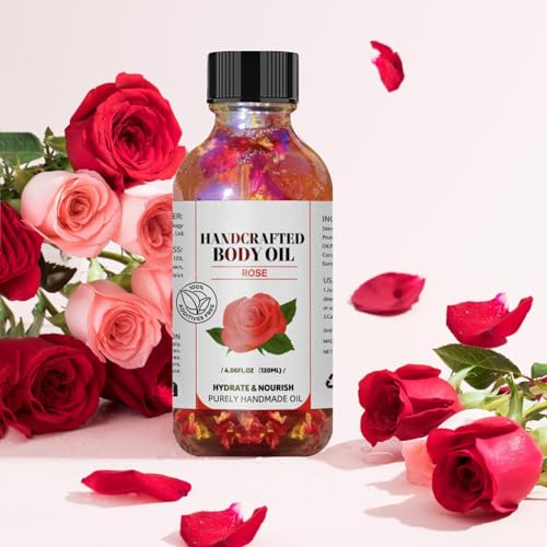 Multi-Use Oil for Face, Body and Hair, Organic Blend of Jojoba Oil, Vitamin E and Sweet Almond Oil Moisturizer for Dry Skin, Scalp and Nails (4 Fl Oz, Romantic Rose)