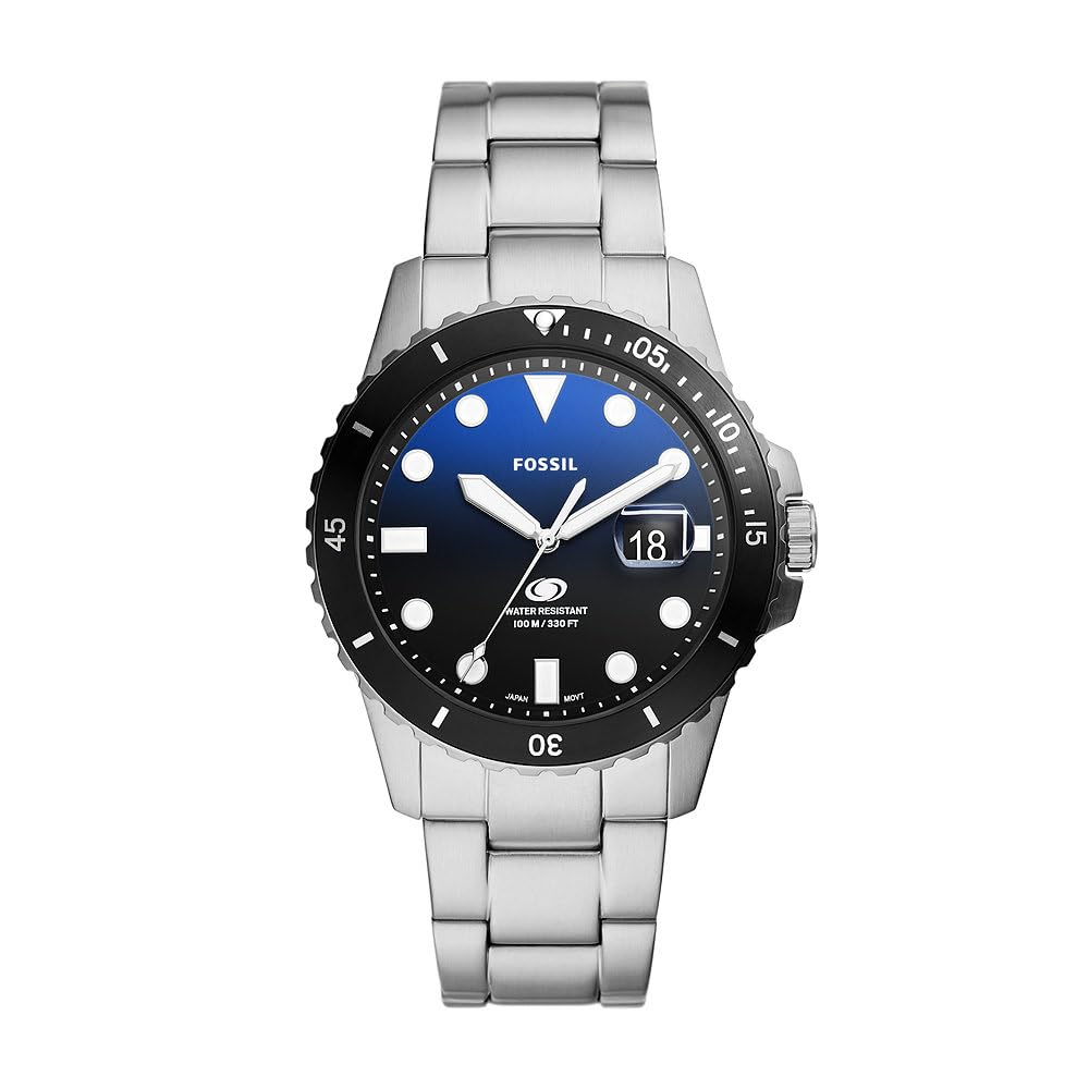 Fossil Orologio subacqueo blu da uomo, movimento al quarzo con data a tre lancette e cinturino in acciaio inossidabile o in pelle, 42 mm, Nero e blu