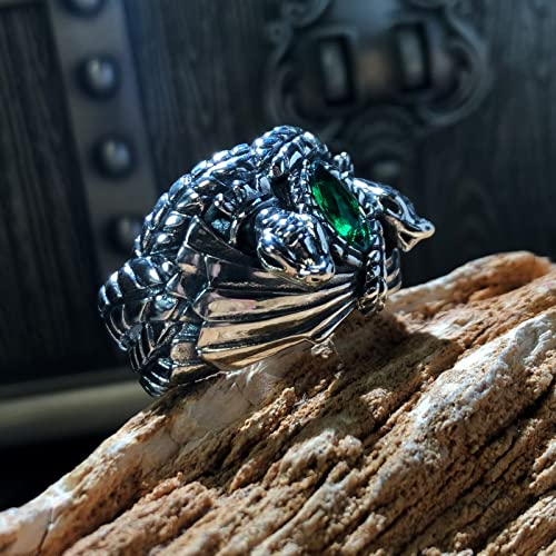 bahamut 925 Sterling Silver Mens Aragorn Rings of Barahir with Green Cubic Zirconia,Snake Band, LOTR Cosplay Jewelry2
