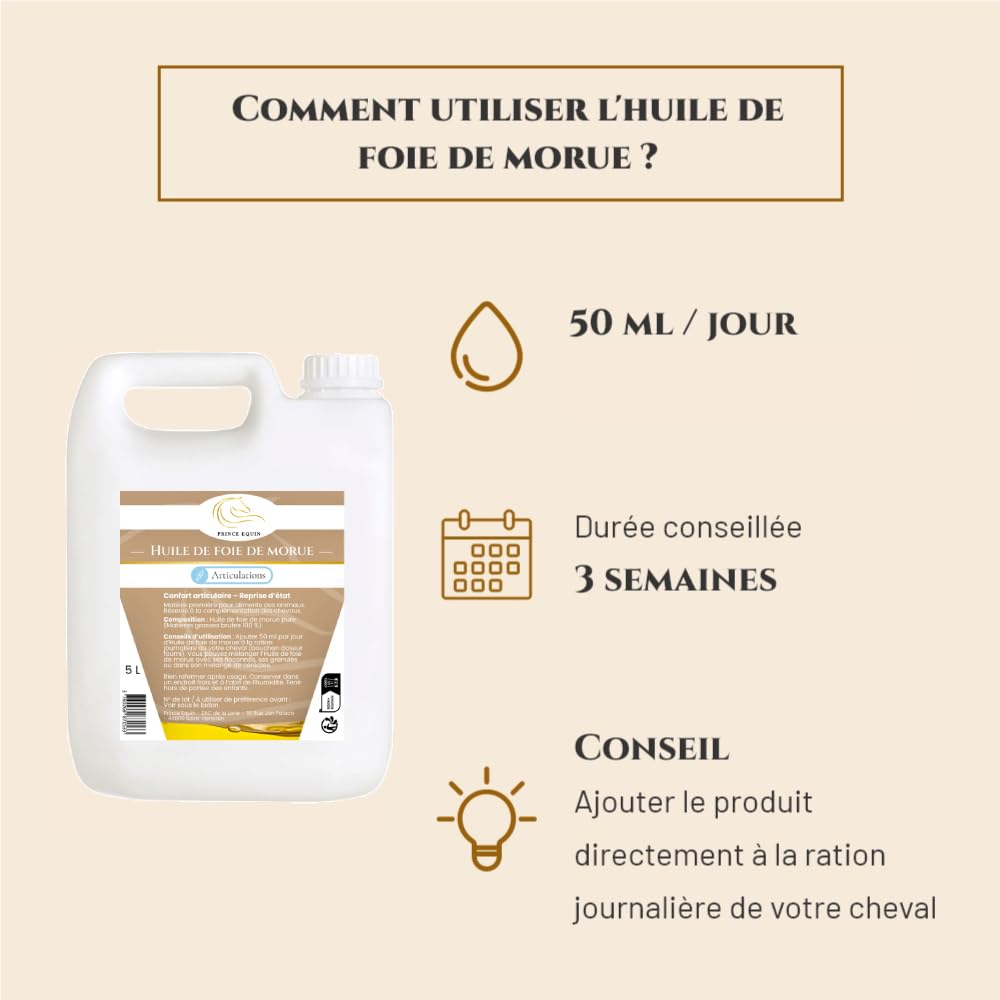 Huile DE Foie DE MORUE - Complément nutritionnel Cheval - Bidon 5 L - Articulations - Reprise d'état Cheval - Immunité - Source d'oméga 3 et vitamines A et D - Marque française