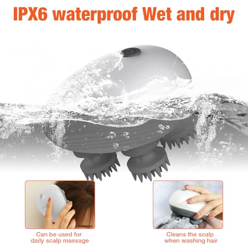 HIULLEN Elektrisches Kopfmassagegerät, Kabelloses Handmassagegerät mit 4 Knetköpfen, Tragbares Kopfhaut-Massagegerät,IPX7 Wasserdicht Katzen Massagegerät für Ganzkörpermassage HundeköRper Haarwachstum