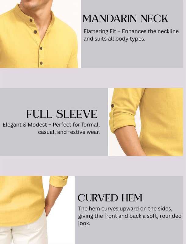 Image of DEEMOON Men's Cotton Blend Solid Regular Fit Full Sleeve Short Kurta | Men's Trendy Short Kurta