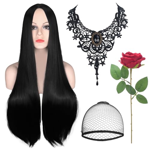 GHGMAO Long Black Wigs For Women 28 Long Black Witch Wig for Morticia Costume Middle Part Straight Cosplay Wigs Rose and Gothic Necklace Set for Halloween Witch Costume