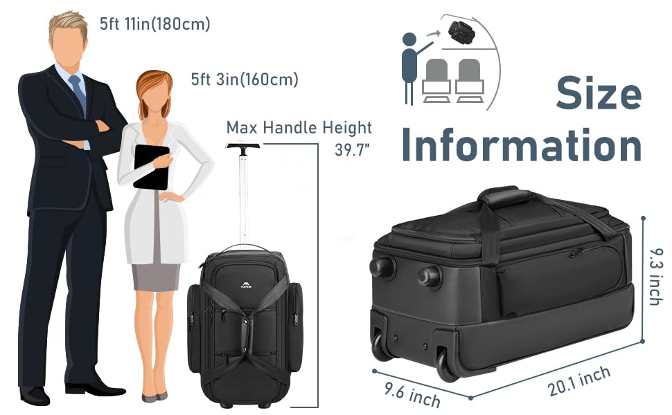 MATEIN Wheeled Duffle Bag Luggage, Carry On Duffle Bag with Wheels & Insulated Side Pockets, 21 Inch Rolling Luggage with Wet Pocket for Men, Business, Black2