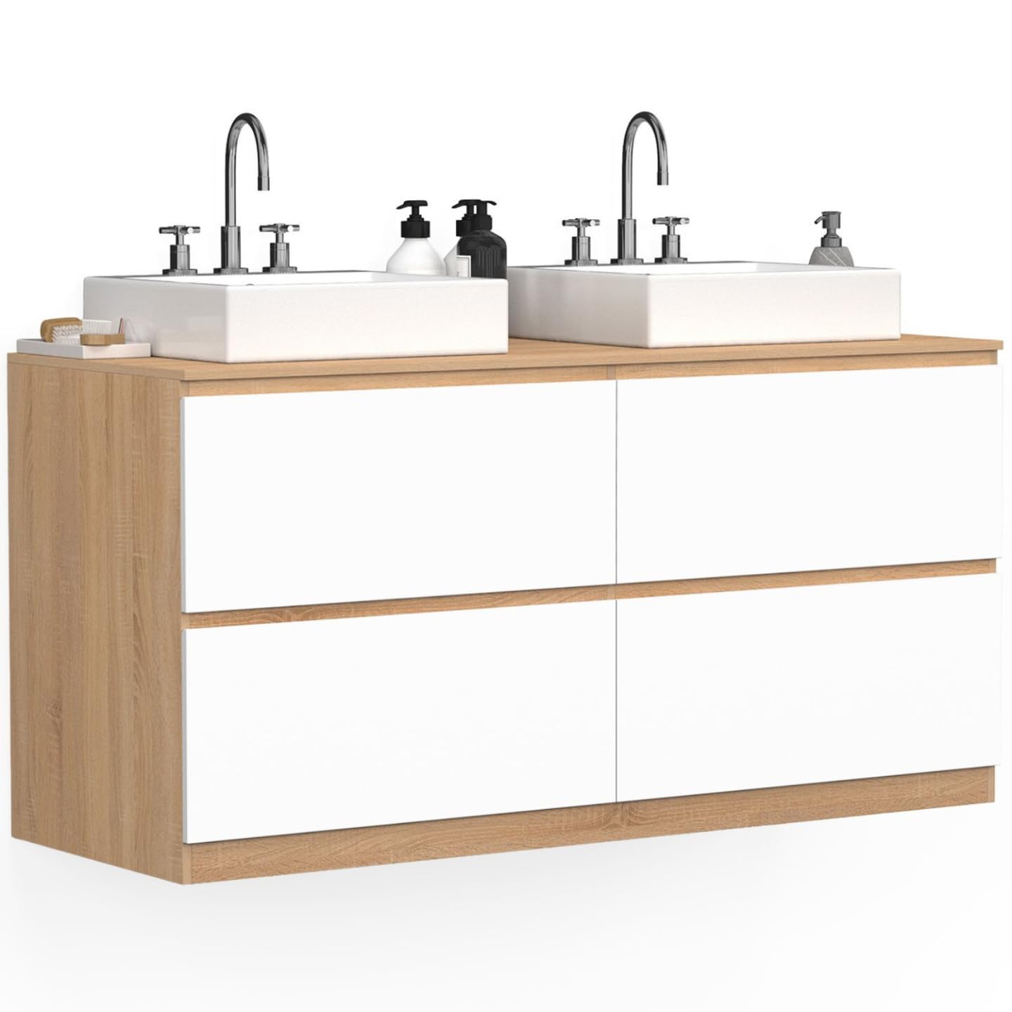 IDMarket - Meuble Double Vasque Suspendu Salle de Bain TOMI 120 cm 4 tiroirs façon hêtre et Blanc