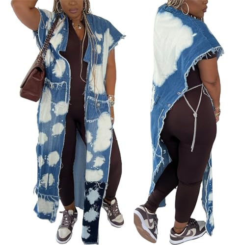 Recious Womens Sexy Batwing Sleeve Ripped Out Distressed Washed Metal Chain Long Vest Denim Jacket Trench Coat3