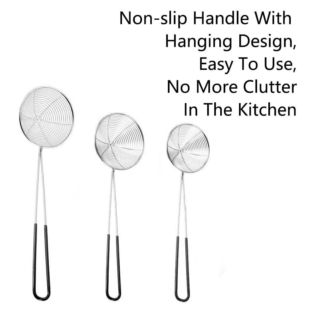Cuchara coladora de araña de acero inoxidable, 3 cucharas coladoras de alambre de cocina, cucharón colador para cocinar, freír alimentos, pasta (27,5 cm/negro)