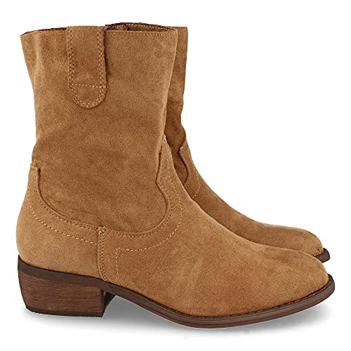 61268-Botin de Tacon para Mujer, Comodos, con Punta Redonda, y Cierre de Cremallera, Otono Invierno 2021. Talla 37 Camel