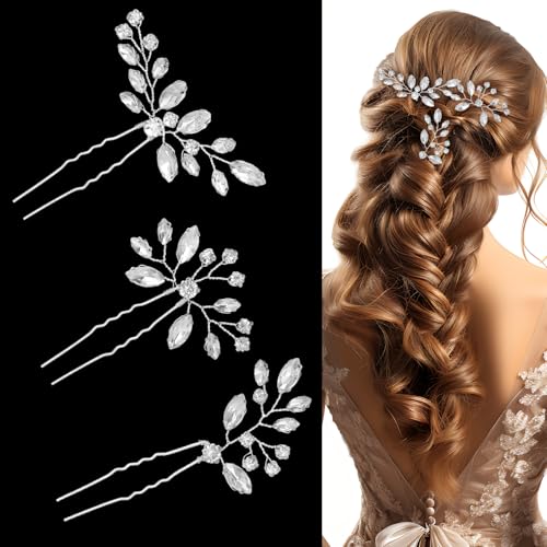 3 ganchos de cabelo de casamento com diamantes de imitação de vidro prateado, acessórios para o cabelo de noiva, jóias para o cabelo para namorada, damas de honor, mulheres e meninas