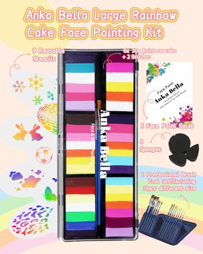 Anka Bella Professional Water Activated 6x30gm Face Paint for Kids & Adults,Washable Non Toxic Rainbow Cake Face Painting Kit with Stencils & Brushes Ideal for Easter/Parties/Halloween/Carnival — view 6