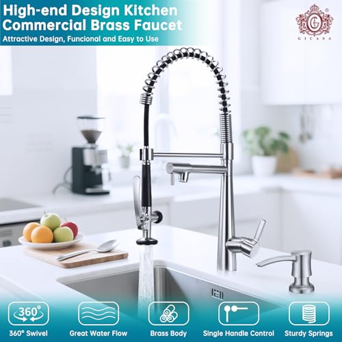 Image of Copper Kitchen Faucet, Solid Brass Brushed Nickel Kitchen Faucet, Heavy Duty Spring Pre-Rinse Single Handle Kitchen Faucets with Pull Down Sprayer and Pot Filler, Commercial Style Sink Faucet