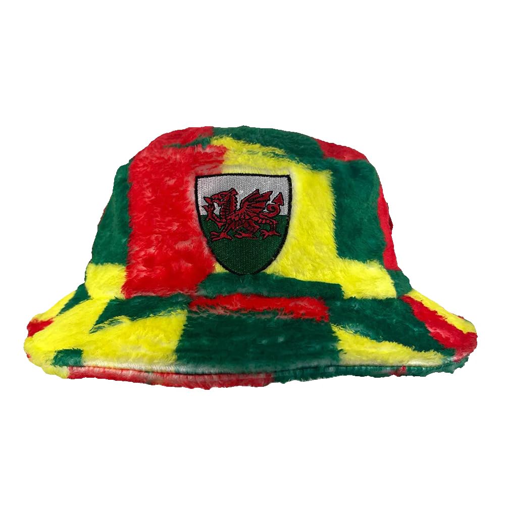Manav Unisex Red Yellow Green Wales Welsh Gold Patchwork Fleece Bucket Hat 100% Cotton Fisherman Hats For Hunting Camping Hiking Travelling Fishing Football Summer Sun Hat For Men Women