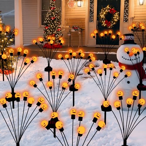Inscrok Halloween Decorations Outdoor Solar Garden Lights, 2Pack 16LED Swaying Firefly Lights Halloween Pumpkin Lights, Waterproof Solar Halloween Path Lights for Yard/Garden/Lawn/Party Decor