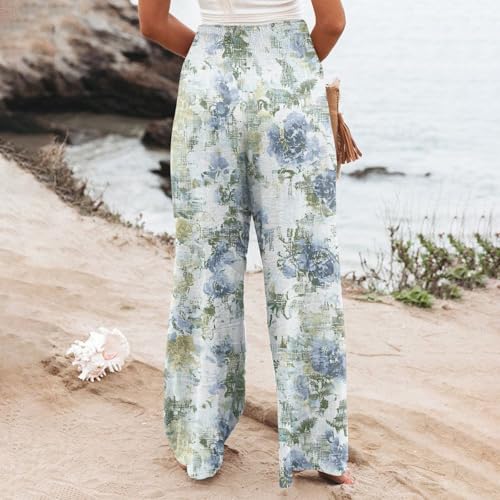 Pants for Women Floral Stretch High Waisted Flowy Pants Smocked Waist Summer Wide Leg Baggy Trouser Ruched Pocket 20254