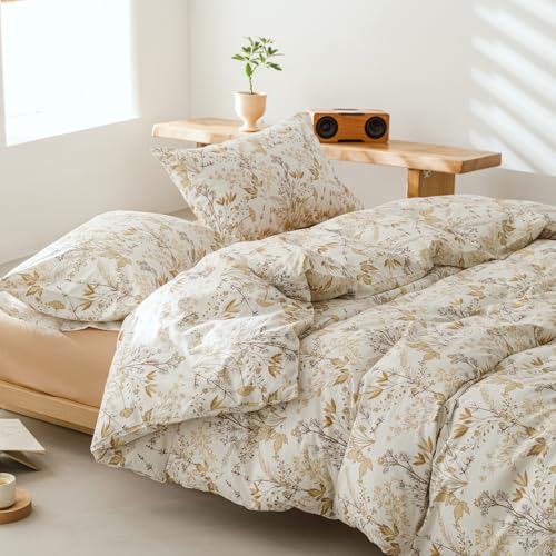 Luowei Beige Bettwäsche 135x200 cm Baumwolle Hellgelb Ahornblatt Pflanzen...
