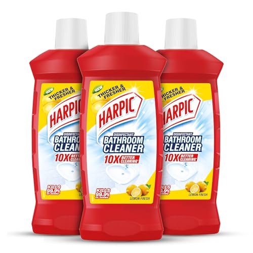 Harpic 1 Litre (Pack of 3) - Lemon Bathroom Cleaner Liquid | New Thicker Bathroom Floor Cleaner | Red Harpic Bottle