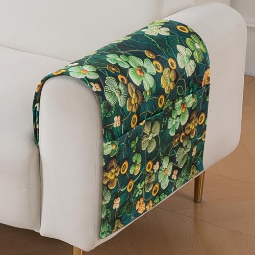 Image of HOKIPO 'Nature Muse' Premium HD Printed Holland Velvet Sofa Armrest Covers with Pockets | 1 Pair | Emerald Garden (IN-921-L-D4*2)