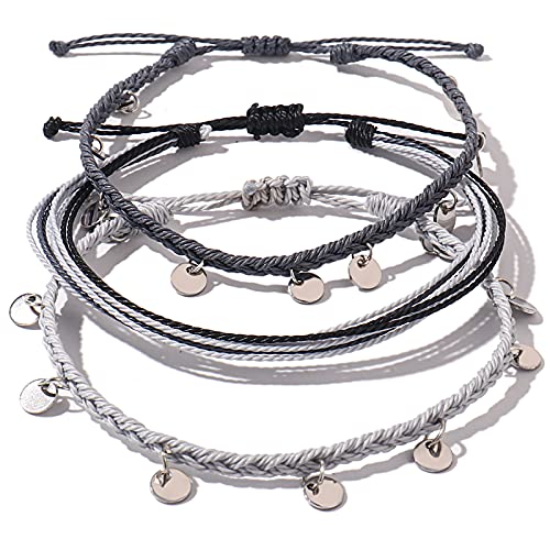 String Ankle Bracelets Waterproof Rope Anklets Braided Beach Boho Coin Anklets Cute Friendship Foot Jewelry for Women Teen Girls(Light Gray)